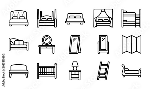 Photos Bedroom Furniture Line Icons, Minimalist Bedding and Sleeping Area Vector Set, H