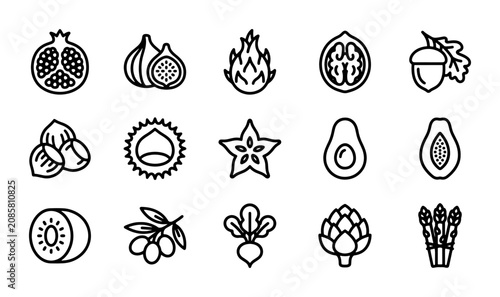 Bild auf Leinwand Healthy Food Line Icons, 15 Organic Fruit and Vegetable Vector Graphics, Nutriti