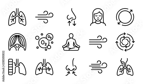 Fotografie Breathing line icons, human lungs and respiratory system, meditation and breath