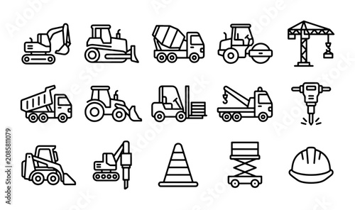 Fotografie Construction machinery vector icon set, heavy equipment and industrial vehicles,