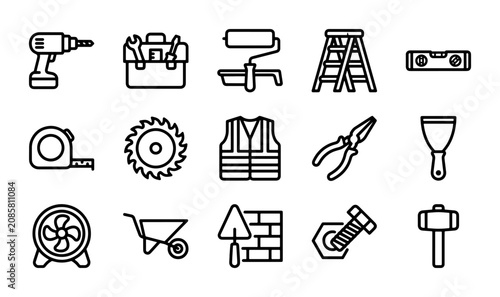 Construction tools vector icon set, essential building equipment and renovation supplies, black outline graphic elements for home improvement and DIY projects