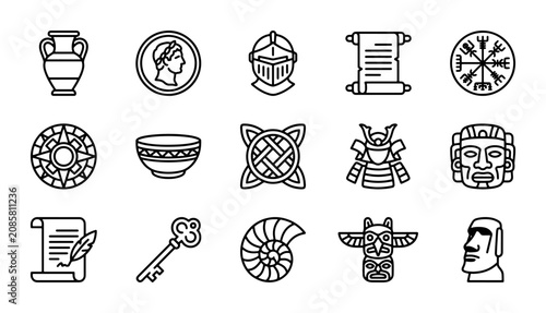 Bild auf Leinwand Ancient civilization and historical artifact icon set, 15 black line vector illustrations
