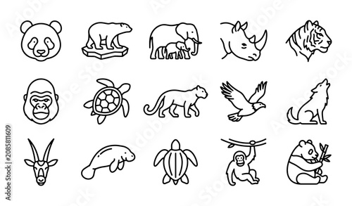 Bild auf Leinwand Minimalist wildlife animal icon set, 15 black outline vector illustrations of en