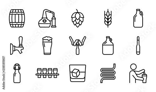 Konstfotografi Craft Beer Brewing Vector Icons, Brewery Equipment Line Art, Beverage Production