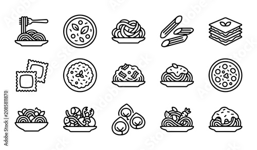 Bild auf Leinwand Italian Food Line Icons, Pasta Dishes, Pizza, Lasagna, Ravioli, 15 Vector Illust