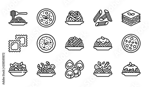 Bild auf Leinwand Pasta dishes vector icon set, Italian cuisine, gourmet food, restaurant menu ele