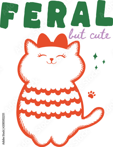 Feral but Cute cat vector illustration, retro hand-drawn kitten with red bow, vintage feline character for t-shirt design and stickers