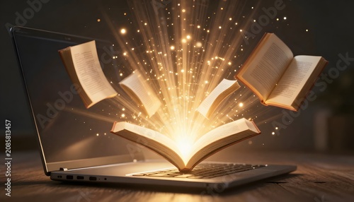 Laptop screen emitting radiant beams turning into floating book pages, warm golden glow, ethereal particles