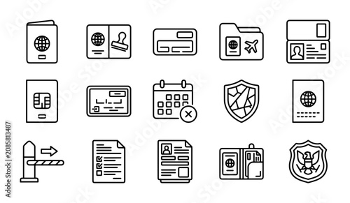 Bild auf Leinwand Travel Icons Set: Passport, Visa, Border Control, Calendar, Documents, Security