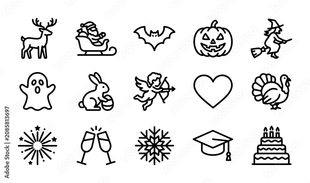 Fototapeta premium Holiday Celebration Line Icons, Festive Occasion Vector Set, Seasonal Event Graphics, Party Symbols
