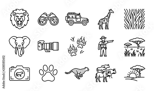 Schilderij op canvas Safari Adventure Line Icons, Wildlife Expedition Vector Set, African Animal and