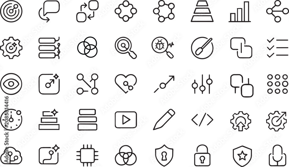 Naklejka premium 40 Artificial Intelligence AI Line Icons Set – Machine Learning, Automation, Data Analytics, Technology Outline Vector Collection