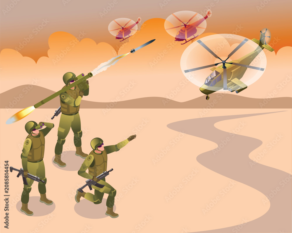 Fototapeta premium Portable air defense system in operation, vector illustration isometric icons on isolated background