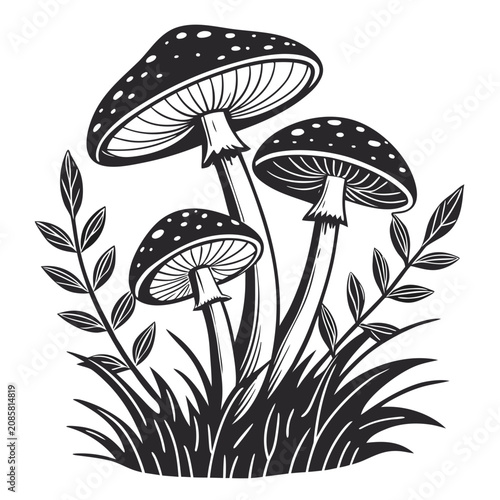 Bilde på lerret Graphic illustration of spotted forest mushrooms growing in grass with mushrooms