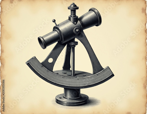 Old brass sextant for sea navigation. This maritime tool measures angles to celestial bodies. Nautical device for calculating latitude on ships.