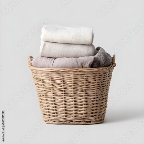 Stack of soft clean towels in a woven wicker laundry basket