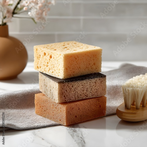 Stack of colorful cleaning sponges on a kitchen counter with a scrub brush
