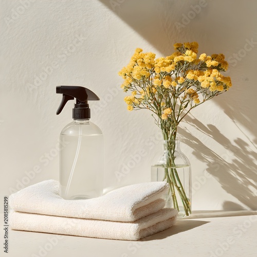 Clear spray bottle with soft towels and yellow flowers in a sunny room