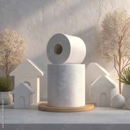 Two soft rolls of toilet paper stacked on a wooden stand in a bright cozy room