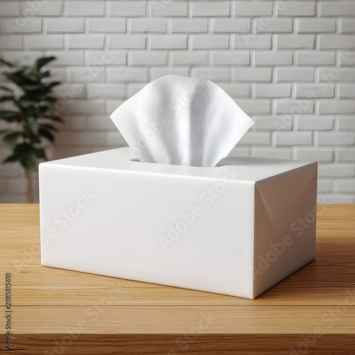 White tissue box with soft paper napkins on a wooden table in a home setting