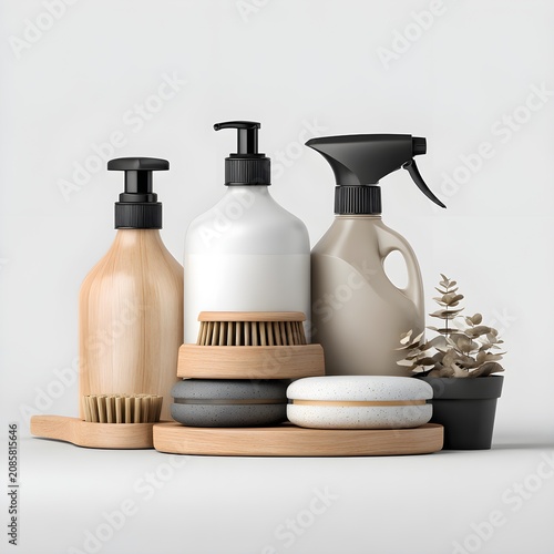 Natural soap bottles and cleaning brushes on wooden stands for home care