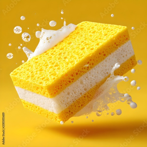 Yellow sponge cake sandwich with fresh cream splash on a yellow background