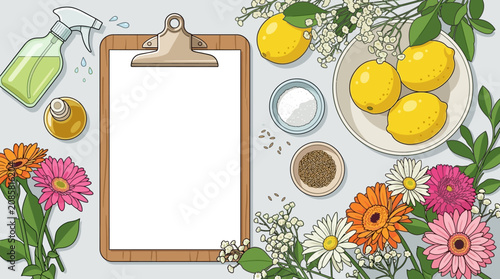 natural cleaning home remedies flat lay with a blank clipboard fresh lemons and vibrant flowers essential oils for diy ideas.