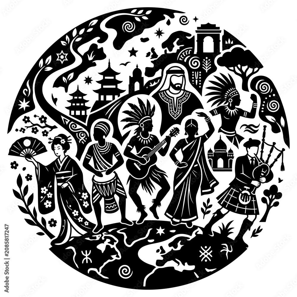 Obraz premium global diversity cultural celebration with multicultural people in traditional costumes depicting world unity in a global concept illustration