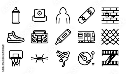 Foto Urban Graffiti Icons Set: Spray Can, Skateboard, Boombox, Breakdancer, Subway, S