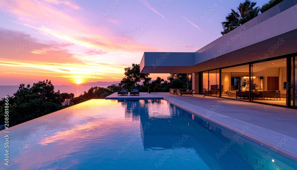 Fototapeta premium Luxury villa with infinity pool at sunset overlooking the ocean.