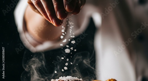 Chef adding coarse salt to steaming food, culinary preparation, close-up, dramatic lighting