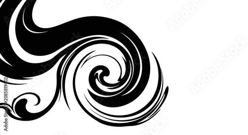 Bold abstract black swirl element with dynamic curves, suitable for modern graphic design and decorative accents on an isolated white background.