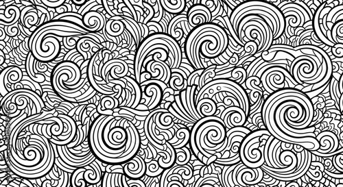 Seamless abstract black and white swirl pattern, creating a dynamic and flowing decorative background texture.