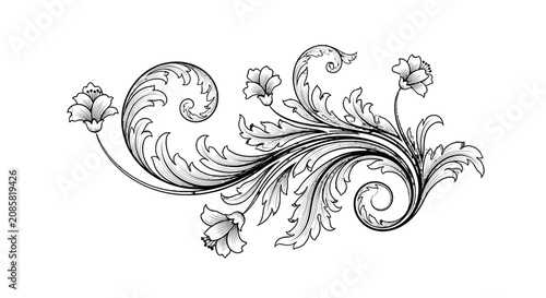 Detailed black and white scroll floral ornament with classic baroque elements and elegant leaves, perfect for decorative accents on an isolated white background.