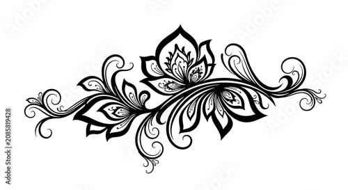 Elaborate black floral swirl ornament with intricate details and elegant curves, ideal for decorative border or corner designs on an isolated white background.
