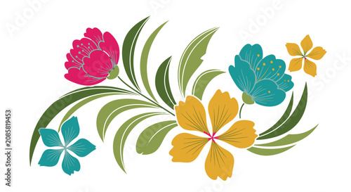 Vibrant and cheerful colorful floral arrangement with pink, blue, and yellow flowers and green leaves, ideal for decorative designs on an isolated white background.