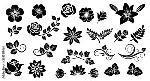 Assortment of black floral silhouettes and decorative leaves, showcasing various flower types for design elements on an isolated white background.
