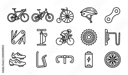 Photos Bicycle Icons Set: Road Bike, Mountain Bike, Penny Farthing, Helmet, Chain, Tool