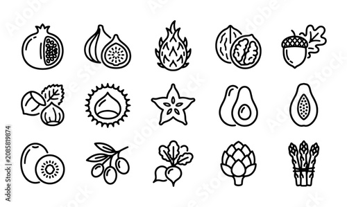 Foto Healthy Food Icons Set: Fresh Fruits, Vegetables, Nuts, and Seeds Vector Graphic