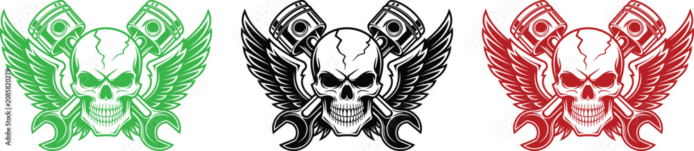 Fototapeta premium Skull with Pistons and Wings Emblem in Green Black and Red Colors 