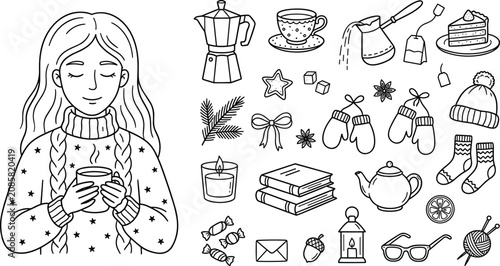 Cozy winter hygge lifestyle line icon set with cute girl drinking hot tea for vector designs.