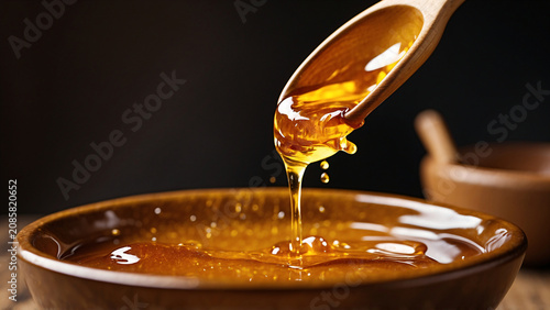 shot of thick, liquid golden honey dripping from a wooden dipper into a ceramic bowl
