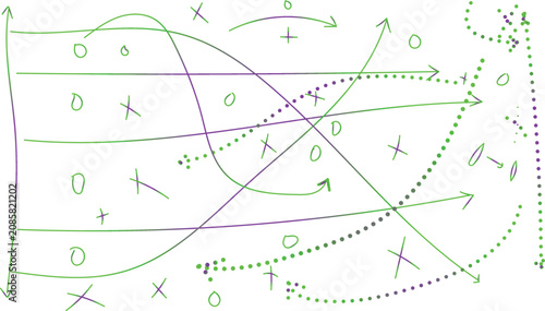 Fotografie Hand drawn sports strategy diagram with green and purple lines, tactical game pl
