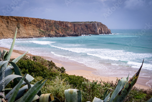 Algarve Atlantic Beach Agave Foreground Sandy Cliffs Coastal Panorama Portugal Overcast