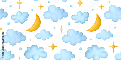 Fotografie Night Sky Clouds Stars And Moon Seamless Pattern Transparent Background