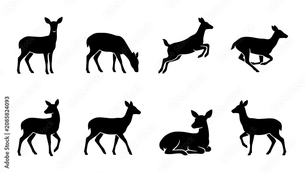Obraz premium Deer Silhouettes Collection: Wildlife Animal Icons in Black Vector Art, Nature Scenes