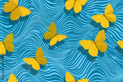 Colorful Yellow Butterflies Dance Gracefully Across a Vibrant Blue Wave Background