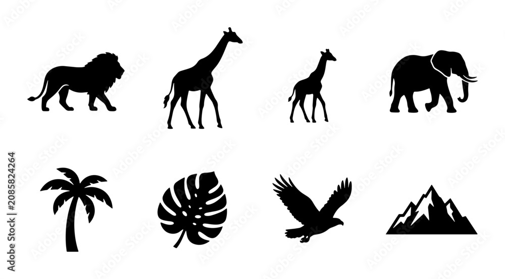 Fototapeta premium African Safari Wildlife Silhouettes: Lion, Giraffe, Elephant, Eagle, Palm Tree, Mountains