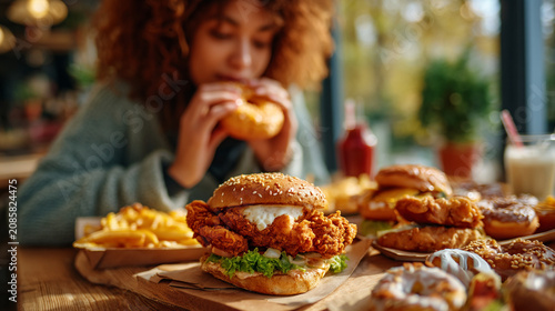 Woman eating a large gourmet crispy chicken sandwich with fries at restaurant