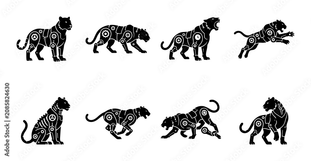 Obraz premium Black Panther Silhouettes, Majestic Feline Poses, Elegant Wild Animal Vector Set